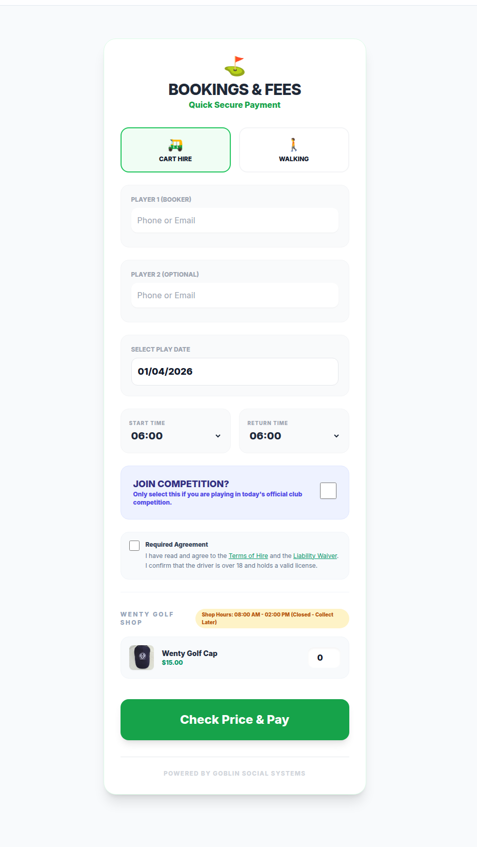 Cart booking form